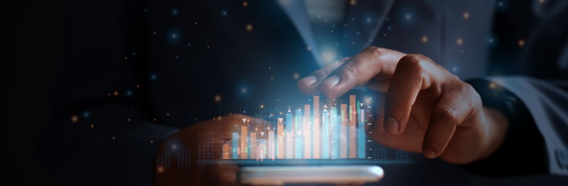 The businessman trader investor analyst uses the mobile phone app analytics to analyze cryptocurrency financial market data, trading data index charts, and graphs on a laptop and a smartphone.